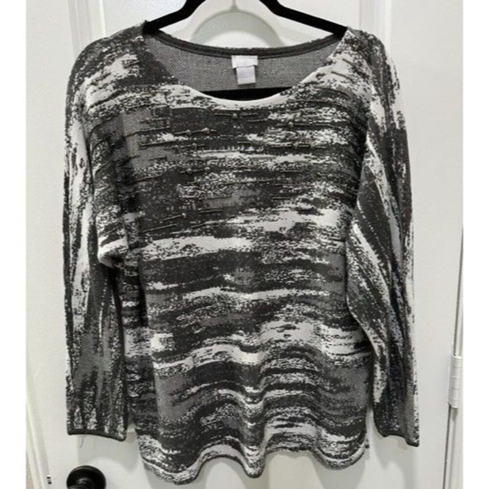 Chicos Womens Size 2 Gray Ivory Jacquard Beaded Pullover Sweater Metallic Knit